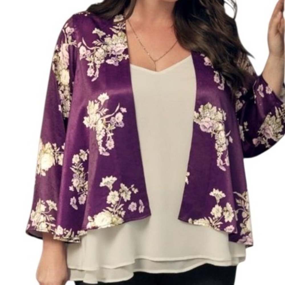 Boho Satin Dark Floral Purple Kimono Whimsigoth Topper Layer Size 00/0